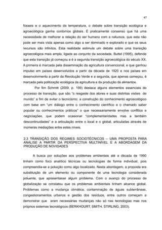 47
fósseis e o aquecimento da temperatura, o debate sobre transição ecológica e
agroecológica ganha contornos globais. É praticamente consenso que há uma
necessidade de melhorar a relação do ser humano com a natureza, que esta não
pode ser mais vista apenas como algo a ser dominado e explorado e que os seus
recursos são infinitos. Esta realidade estimula um debate sobre uma transição
agroecológica mais ampla, ligada ao conjunto da sociedade. Buttel (1995), defende
que esta transição já começou e é a segunda transição agroecológica do século XX.
A primeira é marcada pela disseminação da agricultura convencional, e que ganhou
impulso em países desenvolvidos a partir da década de 1920 e nos países em
desenvolvimento a partir da Revolução Verde e a segunda, que apenas começou, é
marcada pela politização ecológica da agricultura e da produção de alimentos.
Por fim Schmitt (2009, p. 199) destaca alguns elementos essenciais do
processo de transição, que são “o resgaste dos atores e suas distintas visões de
mundo” a fim de evitar o tecnicismo; a construção do conhecimento agroecológico
com base em “um diálogo entre o conhecimento científico e o chamado saber
popular ou conhecimentos práticos” o que necessariamente envolve conflitos e
negociações, que podem ocasionar “complementaridades mas a também
descontinuidades” e a articulação entre o local e o global, articuladas através de
inúmeras mediações entre estes níveis.
2.3 TRANSIÇÃO DOS REGIMES SOCIOTÉCNICOS – UMA PROPOSTA PARA
ANÁLISE A PARTIR DA PERSPECTIVA MULTINÍVEL E A ABORDAGEM DA
PRODUÇÃO DE NOVIDADES
A busca por soluções aos problemas ambientais até a década de 1990
tinham como foco analítico técnicas ou tecnologias de forma individual, pois
compreendia-se a poluição como algo localizado. Nesta abordagem, a proposta era
substituição de um elemento ou componente de uma tecnologia considerada
poluente, que apresentasse algum problema. Com o avanço do processo de
globalização se constatou que os problemas ambientais tinham alcance global.
Problemas como a mudança climática, contaminação de águas subterrâneas,
congestionamentos urbanos e gestão dos resíduos, entre outros começam a
demonstrar que eram necessárias mudanças não só nas tecnologias mas nos
próprios sistemas tecnológicos (BERKHOURT, SMITH, STIRLING, 2003).
 