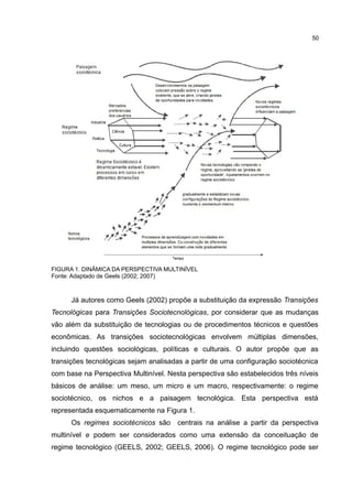 50
FIGURA 1. DINÂMICA DA PERSPECTIVA MULTINÍVEL
Fonte: Adaptado de Geels (2002; 2007)
Já autores como Geels (2002) propõe a substituição da expressão Transições
Tecnológicas para Transições Sociotecnológicas, por considerar que as mudanças
vão além da substituição de tecnologias ou de procedimentos técnicos e questões
econômicas. As transições sociotecnológicas envolvem múltiplas dimensões,
incluindo questões sociológicas, políticas e culturais. O autor propõe que as
transições tecnológicas sejam analisadas a partir de uma configuração sociotécnica
com base na Perspectiva Multinível. Nesta perspectiva são estabelecidos três níveis
básicos de análise: um meso, um micro e um macro, respectivamente: o regime
sociotécnico, os nichos e a paisagem tecnológica. Esta perspectiva está
representada esquematicamente na Figura 1.
Os regimes sociotécnicos são centrais na análise a partir da perspectiva
multinível e podem ser considerados como uma extensão da conceituação de
regime tecnológico (GEELS, 2002; GEELS, 2006). O regime tecnológico pode ser
 