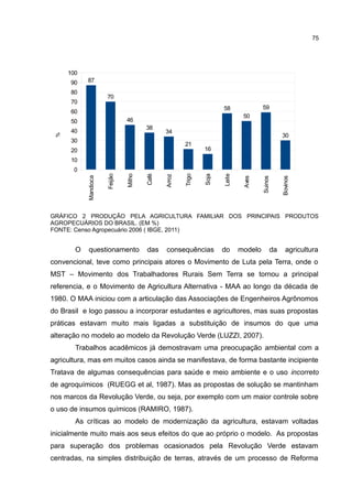 75
GRÁFICO 2 PRODUÇÃO PELA AGRICULTURA FAMILIAR DOS PRINCIPAIS PRODUTOS
AGROPECUÁRIOS DO BRASIL. (EM %)
FONTE: Censo Agropecuário 2006 ( IBGE, 2011)
O questionamento das consequências do modelo da agricultura
convencional, teve como principais atores o Movimento de Luta pela Terra, onde o
MST – Movimento dos Trabalhadores Rurais Sem Terra se tornou a principal
referencia, e o Movimento de Agricultura Alternativa - MAA ao longo da década de
1980. O MAA iniciou com a articulação das Associações de Engenheiros Agrônomos
do Brasil e logo passou a incorporar estudantes e agricultores, mas suas propostas
práticas estavam muito mais ligadas a substituição de insumos do que uma
alteração no modelo ao modelo da Revolução Verde (LUZZI, 2007).
Trabalhos acadêmicos já demostravam uma preocupação ambiental com a
agricultura, mas em muitos casos ainda se manifestava, de forma bastante incipiente
Tratava de algumas consequências para saúde e meio ambiente e o uso incorreto
de agroquímicos (RUEGG et al, 1987). Mas as propostas de solução se mantinham
nos marcos da Revolução Verde, ou seja, por exemplo com um maior controle sobre
o uso de insumos químicos (RAMIRO, 1987).
As críticas ao modelo de modernização da agricultura, estavam voltadas
inicialmente muito mais aos seus efeitos do que ao próprio o modelo. As propostas
para superação dos problemas ocasionados pela Revolução Verde estavam
centradas, na simples distribuição de terras, através de um processo de Reforma
Mandioca
Feijão
Milho
Café
Arroz
Trigo
Soja
Leite
Aves
Suinos
Bovinos
0
10
20
30
40
50
60
70
80
90
100
87
70
46
38
34
21
16
58
50
59
30
%
 