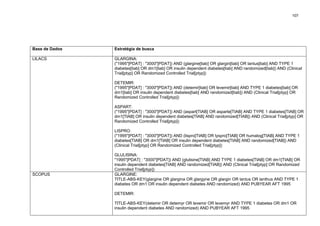 107

Base de Dados

Estratégia de busca

LILACS

GLARGINA:
("1995"[PDAT] : "3000"[PDAT]) AND (glargine[tiab] OR glargin[tiab] OR lantus[tiab] AND TYPE 1
diabetes[tiab] OR dm1[tiab] OR insulin dependent diabetes[tiab] AND randomized[tiab]) AND (Clinical
Trial[ptyp] OR Randomized Controlled Trial[ptyp])
DETEMIR:
("1995"[PDAT] : "3000"[PDAT]) AND (detemir[tiab] OR levemir[tiab] AND TYPE 1 diabetes[tiab] OR
dm1[tiab] OR insulin dependent diabetes[tiab] AND randomized[tiab]) AND (Clinical Trial[ptyp] OR
Randomized Controlled Trial[ptyp])
ASPART:
("1995"[PDAT] : "3000"[PDAT]) AND (aspart[TIAB] OR asparte[TIAB] AND TYPE 1 diabetes[TIAB] OR
dm1[TIAB] OR insulin dependent diabetes[TIAB] AND randomized[TIAB]) AND (Clinical Trial[ptyp] OR
Randomized Controlled Trial[ptyp])
LISPRO:
("1995"[PDAT] : "3000"[PDAT]) AND (lispro[TIAB] OR lyspro[TIAB] OR humalog[TIAB] AND TYPE 1
diabetes[TIAB] OR dm1[TIAB] OR insulin dependent diabetes[TIAB] AND randomized[TIAB]) AND
(Clinical Trial[ptyp] OR Randomized Controlled Trial[ptyp])

SCOPUS

GLULISINA:
"1995"[PDAT] : "3000"[PDAT]) AND (glulisine[TIAB] AND TYPE 1 diabetes[TIAB] OR dm1[TIAB] OR
insulin dependent diabetes[TIAB] AND randomized[TIAB]) AND (Clinical Trial[ptyp] OR Randomized
Controlled Trial[ptyp])
GLARGINE:
TITLE-ABS-KEY(glargine OR glargina OR glargyne OR glargin OR lantus OR lanthus AND TYPE 1
diabetes OR dm1 OR insulin dependent diabetes AND randomized) AND PUBYEAR AFT 1995
DETEMIR:
TITLE-ABS-KEY(detemir OR detemyr OR levemir OR levemyr AND TYPE 1 diabetes OR dm1 OR
insulin dependent diabetes AND randomized) AND PUBYEAR AFT 1995

 