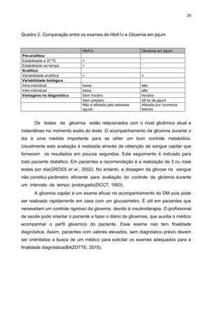 29

Quadro 2. Comparação entre os exames de HbA1c e Glicemia em jejum

HbA1c
Pré-analítico
Estabilidade a 37 ºC
Estabilidade ao tempo
Analítico
Variabilidade analítica
Variabilidade biológica
Intra-individual
Inter-individual
Vantagens no diagnóstico

Glicemia em jejum

+
+

ˉ
ˉ

+

+

baixa
baixa
Sem horário
Sem preparo
Não é afetada pelo estresse
agudo

alta
alta
Horário
≥8 hs de jejum
Afetada por inumeros
fatores

Os testes de glicemia estão relacionados com o nível glicêmico atual e
instantâneo no momento exato do teste. O acompanhamento da glicemia durante o
dia é uma medida importante para se obter um bom controle metabólico.
Usualmente esta avaliação é realizada através da obtenção de sangue capilar que
fornecem os resultados em poucos segundos. Este seguimento é indicado para
todo paciente diabético. Em pacientes a recomendação é a realização de 3 ou mais
testes por dia(GROSS et al., 2002). No entanto, a dosagem da glicose no sangue
não constitui parâmetro eficiente para avaliação do controle da glicemia durante
um intervalo de tempo prolongado(DCCT, 1993).
A glicemia capilar é um exame eficaz no acompanhamento do DM pois pode
ser realizado rapidamente em casa com um glucosimetro. É útil em pacientes que
necessitam um controle rigoroso da glicemia devido à insulinoterapia. O profissional
de saúde pode orientar o paciente a fazer o diário de glicemias, que auxilia o médico
acompanhar o perfil glicemico do paciente. Esse exame nao tem finalidade
diagnóstica. Assim, pacientes com valores elevados, sem diagnóstico prévio devem
ser orientados a busca de um médico para solicitar os exames adequados para a
finalidade diagnóstica(BAZOTTE, 2010).

 
