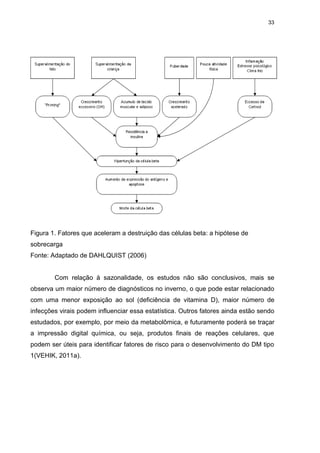 33

Figura 1. Fatores que aceleram a destruição das células beta: a hipótese de
sobrecarga
Fonte: Adaptado de DAHLQUIST (2006)

Com relação à sazonalidade, os estudos não são conclusivos, mais se
observa um maior número de diagnósticos no inverno, o que pode estar relacionado
com uma menor exposição ao sol (deficiência de vitamina D), maior número de
infecções virais podem influenciar essa estatística. Outros fatores ainda estão sendo
estudados, por exemplo, por meio da metabolômica, e futuramente poderá se traçar
a impressão digital química, ou seja, produtos finais de reações celulares, que
podem ser úteis para identificar fatores de risco para o desenvolvimento do DM tipo
1(VEHIK, 2011a).

 