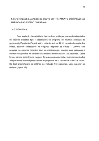 78

4.3 EFETIVIDADE E ANÁLISE DE CUSTO DO TRATAMENTO COM INSULINAS
ANÁLOGAS NO ESTADO DO PARANÁ

4.3.1 Efetividade

Para avaliação da efetividade das insulinas análogas foram coletados dados
de paciente diabético tipo 1 cadastrados no programa de insulinas análogas do
governo do Estado do Paraná. Até o mês de abril de 2010, período de coleta dos
dados, estavam cadastrados na Segunda Regional de Saúde – Curitiba, 685
pessoas, os mesmos recebem além do medicamento, insumos para aplicação e
controle da glicemia. O tamanho da amostra definido foi de 125 pacientes. Desta
forma, para se garantir uma margem de segurança na amostra, foram randomizados
300 pacientes dos 685 pertencentes ao programa até o período de coleta de dados.
Do total preencheram os critérios de inclusão 148 pacientes, valor superior ao
definido (Figura 12).

 