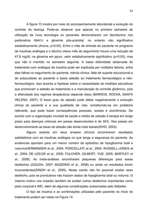 83

A figura 13 mostra por meio do acompanhamento laboratorial a evolução do
controle da doença. Pode-se observar que apenas no primeiro semestre de
utilização da nova tecnologia os pacientes demonstraram um decréscimo nos
parâmetros

HbA1c

e

glicemia

pós-prandial,

no

entanto

não

significativo

estatisticamente (Anova, p>0,05). Entre o mês de entrada do paciente no programa
de insulinas análogas e o décimo oitavo mês de seguimento houve uma redução de
47,8 mg/dL na glicemia em jejum, valor estatisticamente significativo (p<0,05), mas
que não é mantido no semestre seguinte. A baixa efetividade observada do
tratamento com análogos de insulina pode ser explicada por múltiplos fatores, entre
eles falhas no seguimento do paciente, inércia clínica, falta de suporte educacional e
de autocuidado ao paciente e baixa adesão ao tratamento farmacológico e nãofarmacológico. Isso levanta a hipótese sobre a necessidade de medidas educativas
que promovam a adesão ao tratamento e a manutenção do controle glicêmico, pois
a efetividade dos regimes terapêuticos depende disso (BARROS, ROCHA, SANTA
HELENA, 2007). O baixo grau de adesão pode afetar negativamente a evolução
clínica do paciente e a sua qualidade de vida, constituindo-se em problema
relevante, que pode trazer conseqüências pessoais, sociais e econômicas. De
acordo com a organização mundial de saúde a média de adesão à terapia em longo
prazo para doenças crônicas em países desenvolvidos é de 50%. Nos paises em
desenvolvimento as taxas de adesão são ainda mais baixas(WHO, 2003).
Alguns

autores

em

seus

ensaios

clínicos

encontraram

resultados

satisfatórios com as insulinas análogas no que tange a segurança do paciente. As
evidencias apontam para um menor número de episódios de hipoglicemia total e
noturno(HERMANSEN et al., 2004; PORCELLATI et al., 2004; RUSSELL-JONES et
al., 2004; DE LEEUW et al., 2005; FULCHER, GILBERT, YUE, 2005; BARTLEY et
al., 2008). As meta-análises encontraram pequenas diferenças para esses
desfechos (GOUGH, 2007; BAZZANO et al., 2008) ou ainda os resultados foram
inconsistentes(SINGH et al., 2009). Nesta coorte não foi possível avaliar esse
desfecho, pois os prontuários não traziam dados de hipoglicemia total ou noturna. O
mesmo motivo nos impediu também de avaliar outros desfechos importantes como
peso corporal e IMC, além de algumas complicações ocasionadas pelo diabetes.
O tipo de insulina e as combinações utilizadas pelo paciente no inicio do
tratamento podem ser vistas na Figura 14.

 