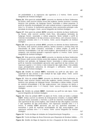 xii

    em profundidade e as espessuras são superiores a 2 metros. Fonte: acervo
    fotográfico do Instituto Geológico. ...........................................................................163
Figura 26. Vista geral da unidade BBP1, presente no domínio da Bacia Sedimentar
   do Paraná, onde ocorrem ritmitos areno-silto argilosos, lamitos arenosos e arenitos
   lamíticos com grânulos, do Subgrupo Itararé, associados a colinas pequenas. O
   perfil de materiais inconsolidados tem solo residual arenoso e espessuras variando
   entre 5 e 10 metros. A morfometria apresenta como característica principal a alta
   densidade de drenagem. Fonte: acervo fotográfico do Instituto Geológico. ................163
Figura 27. Vista geral da unidade BCP2, presente no domínio da Bacia Sedimentar
   do Paraná, onde ocorrem arenitos muito finos, silto-argilosos laminados do
   Subgrupo Itararé, associados a colinas pequenas. Nesta unidade o perfil de
   materiais inconsolidados é do tipo arenoso a areno-siltoso, com estrutura maciça e
   espessuras variando entre 5 e 10 metros. Fonte: acervo fotográfico do Instituto
   Geológico. ..............................................................................................................164
Figura 28. Vista geral da unidade BFA1, presente no domínio da Bacia Sedimentar
   do Paraná, onde ocorrem arenitos pelíticos, lamitos arenosos e arenitos finos mal
   selecionados de idade Cenozóica, associados a colinas amplas. O perfil de
   materiais inconsolidados é do tipo areno-argiloso, apresentando-se fofo a pouco
   compacto, com estrutura granular e espessura superior a 2 metros. Fonte: acervo
   fotográfico do Instituto Geológico. ...........................................................................164
Figura 29. Vista geral da unidade BBP3, presente no domínio da Bacia Sedimentar
   do Paraná, onde ocorrem ritmitos areno-silto argilosos, lamitos arenosos e arenitos
   lamíticos com grânulos, do Subgrupo Itararé, associados a colinas pequenas. O
   perfil de materiais inconsolidados apresenta solo superficial do tipo arenoso com
   espessura superior a 3,5 metros e solo residual do tipo argilo siltoso. Esta unidade
   ocupa principalmente cabeceiras de drenagem e anfiteatros. Fonte: acervo
   fotográfico do Instituto Geológico. ...........................................................................165
Figura 30. Detalhe da unidade BBP3, mostrando seu perfil de solo típico: solo
   superficial do tipo arenoso e solo residual do tipo argilo siltoso. Fonte: acervo
   fotográfico do Instituto Geológico. ...........................................................................165
Figura 31. Vista da unidade BBM1, presente no domínio da Bacia Sedimentar do
   Paraná, onde ocorrem ritmitos areno-silto argilosos, lamitos arenosos e arenitos
   lamíticos com grânulos do Subgrupo Itararé, associados a colinas médias. O perfil
   de material inconsolidado é do tipo argilo-arenoso, com estrutura em blocos e
   espessura variando entre 1 e 5 metros. Fonte: acervo fotográfico do Instituto
   Geológico. ..............................................................................................................166
Figura 32. Detalhe da unidade BBM1, mostrando seu perfil de solo típico. Fonte:
   acervo fotográfico do Instituto Geológico. ................................................................166
Figura 33. Vista da unidade CKT1 no plano de frente, tendo ao fundo a unidade
   CQH1. Ambas ocorrem no domínio do Embasamento Cristalino. A unidade CKT1
   apresenta xistos associados a morrotes e perfil de materiais inconsolidados com
   solo superficial do tipo areno-argiloso, solo residual do tipo silto-argiloso a arenoso
   e solo saprolítico do tipo areno-siltoso, com espessuras variando entre 1 e 5
   metros. A unidade CQH1 apresenta, por sua vez, quartzitos associados a
   montanhas e perfil de materiais inconsolidados do tipo areno-argiloso, com
   espessuras variando entre 1 e 5 metros. Fonte: acervo fotográfico do Instituto
   Geológico. ..............................................................................................................167
Figura 34. Trecho do Mapa de Unidades de Compartimentação Fisiográfica. .................169
Figura 35. Trecho do Mapa de Áreas Potenciais para Disposição de Resíduos Sólidos.......173
Figura 36. Detalhe do Mapa de Aspectos de Uso e Ocupação do Solo da área-piloto
 