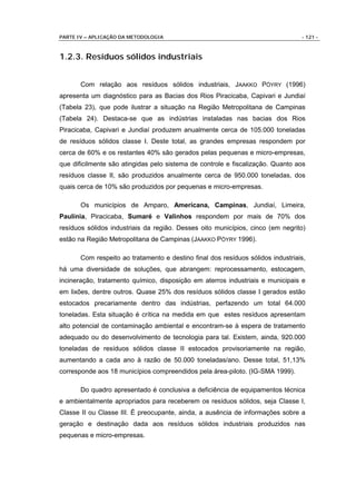 PARTE IV – APLICAÇÃO DA METODOLOGIA                                              - 121 -



1.2.3. Resíduos sólidos industriais


       Com relação aos resíduos sólidos industriais, JAAKKO PÖYRY (1996)
apresenta um diagnóstico para as Bacias dos Rios Piracicaba, Capivari e Jundiaí
(Tabela 23), que pode ilustrar a situação na Região Metropolitana de Campinas
(Tabela 24). Destaca-se que as indústrias instaladas nas bacias dos Rios
Piracicaba, Capivari e Jundiaí produzem anualmente cerca de 105.000 toneladas
de resíduos sólidos classe I. Deste total, as grandes empresas respondem por
cerca de 60% e os restantes 40% são gerados pelas pequenas e micro-empresas,
que dificilmente são atingidas pelo sistema de controle e fiscalização. Quanto aos
resíduos classe II, são produzidos anualmente cerca de 950.000 toneladas, dos
quais cerca de 10% são produzidos por pequenas e micro-empresas.

       Os municípios de Amparo, Americana, Campinas, Jundiaí, Limeira,
Paulínia, Piracicaba, Sumaré e Valinhos respondem por mais de 70% dos
resíduos sólidos industriais da região. Desses oito municípios, cinco (em negrito)
estão na Região Metropolitana de Campinas (JAAKKO PÖYRY 1996).

       Com respeito ao tratamento e destino final dos resíduos sólidos industriais,
há uma diversidade de soluções, que abrangem: reprocessamento, estocagem,
incineração, tratamento químico, disposição em aterros industriais e municipais e
em lixões, dentre outros. Quase 25% dos resíduos sólidos classe I gerados estão
estocados precariamente dentro das indústrias, perfazendo um total 64.000
toneladas. Esta situação é crítica na medida em que estes resíduos apresentam
alto potencial de contaminação ambiental e encontram-se à espera de tratamento
adequado ou do desenvolvimento de tecnologia para tal. Existem, ainda, 920.000
toneladas de resíduos sólidos classe II estocados provisoriamente na região,
aumentando a cada ano à razão de 50.000 toneladas/ano. Desse total, 51,13%
corresponde aos 18 municípios compreendidos pela área-piloto. (IG-SMA 1999).

       Do quadro apresentado é conclusiva a deficiência de equipamentos técnica
e ambientalmente apropriados para receberem os resíduos sólidos, seja Classe I,
Classe II ou Classe III. É preocupante, ainda, a ausência de informações sobre a
geração e destinação dada aos resíduos sólidos industriais produzidos nas
pequenas e micro-empresas.
 