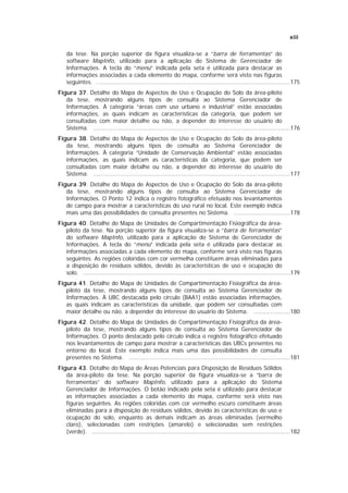 xiii

    da tese. Na porção superior da figura visualiza-se a “barra de ferramentas” do
    software MapInfo, utilizado para a aplicação do Sistema de Gerenciador de
    Informações. A tecla do “menu” indicada pela seta é utilizada para destacar as
    informações associadas a cada elemento do mapa, conforme será visto nas figuras
    seguintes. . .............................................................................................................175
Figura 37. Detalhe do Mapa de Aspectos de Uso e Ocupação do Solo da área-piloto
   da tese, mostrando alguns tipos de consulta ao Sistema Gerenciador de
   Informações. À categoria “áreas com uso urbano e industrial” estão associadas
   informações, as quais indicam as características da categoria, que podem ser
   consultadas com maior detalhe ou não, a depender do interesse do usuário do
   Sistema. ................................................................................................................176
Figura 38. Detalhe do Mapa de Aspectos de Uso e Ocupação do Solo da área-piloto
   da tese, mostrando alguns tipos de consulta ao Sistema Gerenciador de
   Informações. À categoria “Unidade de Conservação Ambiental” estão associadas
   informações, as quais indicam as características da categoria, que podem ser
   consultadas com maior detalhe ou não, a depender do interesse do usuário do
   Sistema. ................................................................................................................177
Figura 39. Detalhe do Mapa de Aspectos de Uso e Ocupação do Solo da área-piloto
   da tese, mostrando alguns tipos de consulta ao Sistema Gerenciador de
   Informações. O Ponto 12 indica o registro fotográfico efetuado nos levantamentos
   de campo para mostrar a características do uso rural no local. Este exemplo indica
   mais uma das possibilidades de consulta presentes no Sistema. ................................178
Figura 40. Detalhe do Mapa de Unidades de Compartimentação Fisiográfica da área-
   piloto da tese. Na porção superior da figura visualiza-se a “barra de ferramentas”
   do software MapInfo, utilizado para a aplicação do Sistema de Gerenciador de
   Informações. A tecla do “menu” indicada pela seta é utilizada para destacar as
   informações associadas a cada elemento do mapa, conforme será visto nas figuras
   seguintes. As regiões coloridas com cor vermelha constituem áreas eliminadas para
   a disposição de resíduos sólidos, devido às características de uso e ocupação do
   solo. ......................................................................................................................179
Figura 41. Detalhe do Mapa de Unidades de Compartimentação Fisiográfica da área-
   piloto da tese, mostrando alguns tipos de consulta ao Sistema Gerenciador de
   Informações. À UBC destacada pelo círculo (BAA1) estão associadas informações,
   as quais indicam as características da unidade, que podem ser consultadas com
   maior detalhe ou não, a depender do interesse do usuário do Sistema. .....................180
Figura 42. Detalhe do Mapa de Unidades de Compartimentação Fisiográfica da área-
   piloto da tese, mostrando alguns tipos de consulta ao Sistema Gerenciador de
   Informações. O ponto destacado pelo círculo indica o registro fotográfico efetuado
   nos levantamentos de campo para mostrar a características das UBCs presentes no
   entorno do local. Este exemplo indica mais uma das possibilidades de consulta
   presentes no Sistema. ............................................................................................181
Figura 43. Detalhe do Mapa de Áreas Potenciais para Disposição de Resíduos Sólidos
   da área-piloto da tese. Na porção superior da figura visualiza-se a “barra de
   ferramentas” do software MapInfo, utilizado para a aplicação do Sistema
   Gerenciador de Informações. O botão indicado pela seta é utilizado para destacar
   as informações associadas a cada elemento do mapa, conforme será visto nas
   figuras seguintes. As regiões coloridas com cor vermelho escuro constituem áreas
   eliminadas para a disposição de resíduos sólidos, devido às características de uso e
   ocupação do solo, enquanto as demais indicam as áreas eliminadas (vermelho
   claro), selecionadas com restrições (amarelo) e selecionadas sem restrições
   (verde). .................................................................................................................182
 