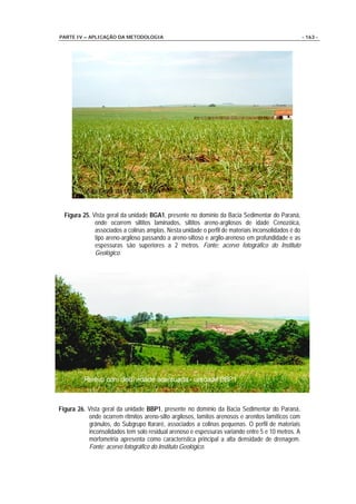 PARTE IV – APLICAÇÃO DA METODOLOGIA                                                                  - 163 -




  Figura 25. Vista geral da unidade BGA1, presente no domínio da Bacia Sedimentar do Paraná,
              onde ocorrem siltitos laminados, siltitos areno-argilosos de idade Cenozóica,
              associados a colinas amplas. Nesta unidade o perfil de materiais inconsolidados é do
              tipo areno-argiloso passando a areno-siltoso e argilo-arenoso em profundidade e as
              espessuras são superiores a 2 metros. Fonte: acervo fotográfico do Instituto
              Geológico.




Figura 26. Vista geral da unidade BBP1, presente no domínio da Bacia Sedimentar do Paraná,
           onde ocorrem ritmitos areno-silto argilosos, lamitos arenosos e arenitos lamíticos com
           grânulos, do Subgrupo Itararé, associados a colinas pequenas. O perfil de materiais
           inconsolidados tem solo residual arenoso e espessuras variando entre 5 e 10 metros. A
           morfometria apresenta como característica principal a alta densidade de drenagem.
           Fonte: acervo fotográfico do Instituto Geológico.
 