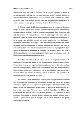 PARTE II – CONCEITUAÇÃO GERAL                                                     - 25 -


relativizadas, uma vez que o processo de reciclagem demanda quantidades
consideráveis de matéria prima e energia, além de também produzir resíduos. A
comunidade como um todo preocupa-se cada vez mais com a falta de uma política
específica para tratamento de resíduos tóxicos e com expansão das exportações
desses resíduos para disposição final em países em desenvolvimento.

       O final da década de 80 marca o estabelecimento de novas prioridades em
relação à gestão de resíduos sólidos, especialmente nos países desenvolvidos,
estabelecendo-se a terceira fase na evolução dos modelos. Esta é marcada pela
redução do volume de resíduos desde o início do processo produtivo e em todas as
etapas da cadeia produtiva. Assim, antes de diminuir a produção de determinados
bens, passa a ser prioritário impedir que sejam gerados. Ao invés de buscar a
reciclagem, propõe-se a reutilização. Antes de depositar os produtos em aterros
sanitários, deve-se reaproveitar a energia presente nos resíduos, por meio de
incineradores, bem como tornar inertes os resíduos antes da disposição final. Outra
mudança refere-se às alterações no processo de produção, tendo em vista o
objetivo de utilizar a menor quantidade possível de energia e matérias-primas e de
gerar quantidades ainda menores de resíduos.

       Com base nas Tabelas 5 e 6 tem-se um panorama geral das formas de
destinação dos resíduos sólidos e da sua composição em alguns países do mundo.
Uma análise, mesmo que superficial destes dados, remete às diferentes políticas
públicas empregadas para o setor, bem como permite concluir que os países mais
desenvolvidos apresentam resíduos com menor percentual de matéria orgânica e
maiores índices de materiais recicláveis, reflexo de hábitos e da quantidade de
embalagens produzidas (PHILLIPI JR 1999).

       Na América Latina, por exemplo, o histórico de ocupação e desenvolvimento
tem em seu escopo um quadro de deterioração passada e presente dos recursos
naturais da região. Isto pode explicar em parte as prioridades estabelecidas pelos
governos, que têm colocado em primeiro plano as políticas de desenvolvimento e a
luta contra o subdesenvolvimento e suas manifestações (DONAIRE 1995), o que
compromete, em muitos casos, os recursos naturais e a qualidade do meio
ambiente. Este quadro se estende também ao setor de resíduos sólidos, onde é
recente a preocupação com a inserção dos aspectos ambientais na gestão
integrada dos resíduos.
 