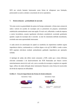 57
SCR um veículo bastante interessante como forma de ultrapassar essa limitação,
potenciando-se assim a entrada e crescimento de novos operadores.
7. Desinvestimento – profundidade de mercado
Tal como ocorre na generalidade dos países da Europa continental, a forma mais comum de
saída é através de acordos de recompra com os promotores do projecto, normalmente
estabelecido contratualmente como uma opção. O trade-sale, reflectindo a venda da empresa
a outros investidores, assume igualmente relevância considerável, ocorrendo geralmente
quando a opção de recompra não é exercida ou não foi claramente definida inicialmente,
existindo uma outra oportunidade interessante.
A saída através de amortização de capital ou reembolso de empréstimos também regista
importância relativa, continuando-se a verificar alguns write-off. Os MBO e venda a outras
SCR registam relevância residual, pontualmente ganhando importância por operações
isoladas.
A tipologia de saídas não difere muito consoante a SCR, sendo que a única diferença
relevante constatada é do desinvestimento das SCR financiadas por bancos ocorrer
maioritariamente através de trade sale, com os acordos de recompra a surgirem em segundo
lugar, reflexo da ainda utilização deste instrumento financeiro como forma de reconversão
de dívida de empresas em dificuldade.
Gráfico 4 – Grau de importância das formas de desinvestimento
Desinvestimento - 1ª Opção
38%
62%
Trade Sale Acordos de recompra
Desinvestimento - 2ª Opção
8% 8%
23%
8%15%
38%
MBO Venda a outra SCR Amortização de capital
Write-off Trade Sale Acordos de recompra
 