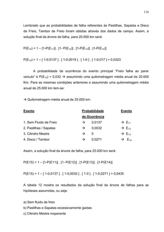 116
Lembrado que as probabilidades de falha referentes às Pastilhas, Sapatas e Disco
de Freio, Tambor de Freio foram obtidas através dos dados de campo. Assim, a
solução final da árvore de falha, para 20.000 km será:
P(E15) = 1 – [1-P(E11)] . [1- P(E12)] . [1-P(E13)] . [1-P(E14)]
P(E15) = 1 – [ 1-0,0137 ] . [ 1-0,0019 ] . [ 1-0 ] . [ 1-0,017 ] = 0,0323
A probabilidade de ocorrência do evento principal “Freio falha ao parar
veículo” é P(E15) = 0,032  assumindo uma quilometragem média anual de 20.000
Km. Para as mesmas condições anteriores e assumindo uma quilometragem média
anual de 25.000 km tem-se:
 Quilometragem média anual de 25.000 km:
Evento Probabilidade Evento
de Ocorrência
1. Sem Fluido de Freio  0,0137  E11
2. Pastilhas / Sapatas  0,0032  E12
3. Cilindro Mestre  0  E13
4. Disco / Tambor  0,0271  E14
Assim, a solução final da árvore de falha, para 25.000 km será:
P(E15) = 1 – [1-P(E11)] . [1- P(E12)] . [1-P(E13)] . [1-P(E14)]
P(E15) = 1 – [ 1-0,0137 ] . [ 1-0,0032 ] . [ 1-0 ] . [ 1-0,0271 ] = 0,0435
A tabela 12 mostra os resultados da solução final da árvore de falhas para as
hipóteses assumidas, ou seja:
a) Sem fluido de freio
b) Pastilhas e Sapatas excessivamente gastas
c) Cilindro Mestre inoperante
 