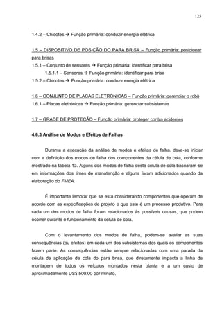 125
1.4.2 – Chicotes  Função primária: conduzir energia elétrica
1.5 – DISPOSITIVO DE POSIÇÃO DO PARA BRISA – Função primária: posicionar
para brisas
1.5.1 – Conjunto de sensores  Função primária: identificar para brisa
1.5.1.1 – Sensores  Função primária: identificar para brisa
1.5.2 – Chicotes  Função primária: conduzir energia elétrica
1.6 – CONJUNTO DE PLACAS ELETRÔNICAS – Função primária: gerenciar o robô
1.6.1 – Placas eletrônicas  Função primária: gerenciar subsistemas
1.7 – GRADE DE PROTEÇÃO – Função primária: proteger contra acidentes
4.6.3 Análise de Modos e Efeitos de Falhas
Durante a execução da análise de modos e efeitos de falha, deve-se iniciar
com a definição dos modos de falha dos componentes da célula de cola, conforme
mostrado na tabela 13. Alguns dos modos de falha desta célula de cola basearam-se
em informações dos times de manutenção e alguns foram adicionados quando da
elaboração do FMEA.
É importante lembrar que se está considerando componentes que operam de
acordo com as especificações de projeto e que este é um processo produtivo. Para
cada um dos modos de falha foram relacionados às possíveis causas, que podem
ocorrer durante o funcionamento da célula de cola.
Com o levantamento dos modos de falha, podem-se avaliar as suas
consequências (ou efeitos) em cada um dos subsistemas dos quais os componentes
fazem parte. As consequências estão sempre relacionadas com uma parada da
célula de aplicação de cola do para brisa, que diretamente impacta a linha de
montagem de todos os veículos montados nesta planta e a um custo de
aproximadamente US$ 500,00 por minuto.
 