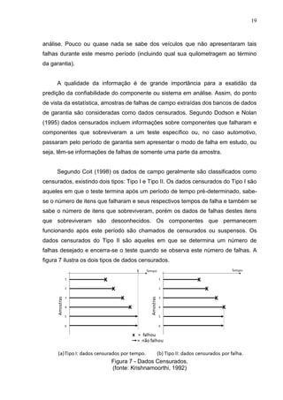 19
análise. Pouco ou quase nada se sabe dos veículos que não apresentaram tais
falhas durante este mesmo período (incluindo qual sua quilometragem ao término
da garantia).
A qualidade da informação é de grande importância para a exatidão da
predição da confiabilidade do componente ou sistema em análise. Assim, do ponto
de vista da estatística, amostras de falhas de campo extraídas dos bancos de dados
de garantia são consideradas como dados censurados. Segundo Dodson e Nolan
(1995) dados censurados incluem informações sobre componentes que falharam e
componentes que sobreviveram a um teste específico ou, no caso automotivo,
passaram pelo período de garantia sem apresentar o modo de falha em estudo, ou
seja, têm-se informações de falhas de somente uma parte da amostra.
Segundo Coit (1998) os dados de campo geralmente são classificados como
censurados, existindo dois tipos: Tipo I e Tipo II. Os dados censurados do Tipo I são
aqueles em que o teste termina após um período de tempo pré-determinado, sabe-
se o número de itens que falharam e seus respectivos tempos de falha e também se
sabe o número de itens que sobreviveram, porém os dados de falhas destes itens
que sobreviveram são desconhecidos. Os componentes que permanecem
funcionando após este período são chamados de censurados ou suspensos. Os
dados censurados do Tipo II são aqueles em que se determina um número de
falhas desejado e encerra-se o teste quando se observa este número de falhas. A
figura 7 ilustra os dois tipos de dados censurados.
Figura 7 - Dados Censurados.
(fonte: Krishnamoorthi, 1992)
 