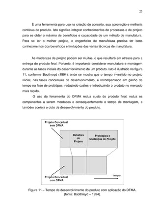 25
É uma ferramenta para uso na criação do conceito, sua aprovação e melhoria
contínua do produto. Isto significa integrar conhecimentos de processos e de projeto
para se obter o máximo de benefícios e capacidade de um método de manufatura.
Para se ter o melhor projeto, o engenheiro de manufatura precisa ter bons
conhecimentos dos benefícios e limitações das várias técnicas de manufatura.
As mudanças de projeto podem ser muitas, o que resultará em atrasos para a
entrega do produto final. Portanto, é importante considerar manufatura e montagem
durante as fases iniciais do desenvolvimento de um produto. Isto é ilustrado na figura
11, conforme Boothroyd (1994), onde se mostra que o tempo investido no projeto
inicial, nas fases conceituais de desenvolvimento, é recompensado em ganho de
tempo na fase de protótipos, reduzindo custos e introduzindo o produto no mercado
mais rápido.
O uso da ferramenta do DFMA reduz custo do produto final, reduz os
componentes a serem montados e consequentemente o tempo de montagem, e
também acelera o ciclo de desenvolvimento do produto.
Figura 11 – Tempo de desenvolvimento do produto com aplicação do DFMA.
(fonte: Boothroyd – 1994).
 