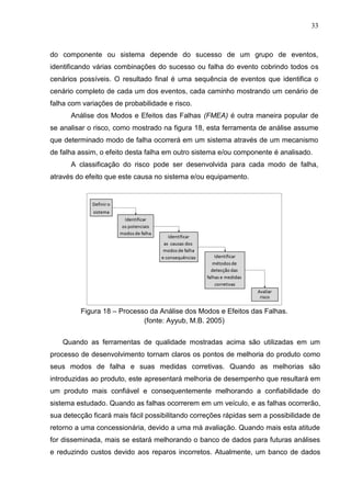 33
do componente ou sistema depende do sucesso de um grupo de eventos,
identificando várias combinações do sucesso ou falha do evento cobrindo todos os
cenários possíveis. O resultado final é uma sequência de eventos que identifica o
cenário completo de cada um dos eventos, cada caminho mostrando um cenário de
falha com variações de probabilidade e risco.
Análise dos Modos e Efeitos das Falhas (FMEA) é outra maneira popular de
se analisar o risco, como mostrado na figura 18, esta ferramenta de análise assume
que determinado modo de falha ocorrerá em um sistema através de um mecanismo
de falha assim, o efeito desta falha em outro sistema e/ou componente é analisado.
A classificação do risco pode ser desenvolvida para cada modo de falha,
através do efeito que este causa no sistema e/ou equipamento.
Figura 18 – Processo da Análise dos Modos e Efeitos das Falhas.
(fonte: Ayyub, M.B. 2005)
Quando as ferramentas de qualidade mostradas acima são utilizadas em um
processo de desenvolvimento tornam claros os pontos de melhoria do produto como
seus modos de falha e suas medidas corretivas. Quando as melhorias são
introduzidas ao produto, este apresentará melhoria de desempenho que resultará em
um produto mais confiável e consequentemente melhorando a confiabilidade do
sistema estudado. Quando as falhas ocorrerem em um veículo, e as falhas ocorrerão,
sua detecção ficará mais fácil possibilitando correções rápidas sem a possibilidade de
retorno a uma concessionária, devido a uma má avaliação. Quando mais esta atitude
for disseminada, mais se estará melhorando o banco de dados para futuras análises
e reduzindo custos devido aos reparos incorretos. Atualmente, um banco de dados
 