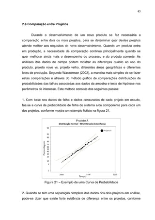 43
2.6 Comparação entre Projetos
Durante o desenvolvimento de um novo produto se faz necessária a
comparação entre dois ou mais projetos, para se determinar qual destes projetos
atende melhor aos requisitos do novo desenvolvimento. Quando um produto entra
em produção, a necessidade de comparação continua principalmente quando se
quer melhorar ainda mais o desempenho do processo e do produto corrente. As
análises dos dados de campo podem mostrar as diferenças quanto ao uso do
produto, projeto novo vs. projeto velho, diferentes áreas geográficas e diferentes
lotes de produção. Segundo Wasserman (2002), a maneira mais simples de se fazer
estas comparações é através do método gráfico de comparações distribuições de
probabilidades das falhas associadas aos dados da amostra e teste de hipótese nos
parâmetros de interesse. Este método consiste dos seguintes passos:
1. Com base nos dados de falha e dados censurados de cada projeto em estudo,
faz-se a curva de probabilidade de falha do sistema e/ou componente para cada um
dos projetos, conforme mostra um exemplo fictício na figura 21.
Figura 21 – Exemplo de uma Curva de Probabilidade
2. Quando se tem uma separação completa dos dados dos dois projetos em análise,
pode-se dizer que existe forte evidência de diferença entre os projetos, conforme
 