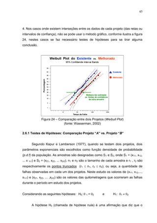 45
4. Nos casos onde existem interseções entre os dados de cada projeto (das retas ou
intervalos de confiança), não se pode usar o método gráfico, conforme ilustra a figura
24, nestes casos se faz necessário testes de hipóteses para se tirar alguma
conclusão.
Figura 24 – Comparação entre dois Projetos (Weibull Plot)
(fonte: Wasserman, 2002)
2.6.1 Testes de Hipóteses: Comparação Projeto “A” vs. Projeto “B”
Segundo Kapur e Lamberson (1977), quando se testam dois projetos, dois
parâmetros exponenciais são escolhidos como função densidade de probabilidade
(p.d.f) da população. As amostras são designadas como S1 e S2, onde S1 = (x11, x12,
... x 1r1) e S2 = (x21, x22, ... x2r2), n1 e n2 são o tamanho de cada amostra e r1 , r2 são
respectivamente os pontos truncados (r1  n1, r2  n2), ou seja, a quantidade de
falhas observadas em cada um dos projetos. Neste estudo os valores de (x11, x12,...,
x1r1) e (x21, x22, ... ,x2r2) são os valores das quilometragens que ocorreram as falhas
durante o período em estudo dos projetos.
Considerando as seguintes hipóteses: H0:  1 = 2 e H1: 1  2
A hipótese H0 (chamada de hipótese nula) é uma afirmação que diz que o
 