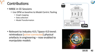 Mission Simulation Lab
HICEE
Mission Simulation Lab
HICEE
Contributions
• MBSE in CE Sessions
• Use OPM as baseline to Model Centric Tooling
• Graph mapping
• Data collection
• Model Transformation
• Relevant to Industry 4.0 / Space 4.0 trend:
reintroduce (active-connected) physical
artefacts in engineering – now enabled to
manipulate models
10:35 42
Basket of techniques
. . .
OPM
MBSE
System
Engineering
Model Based
Development
 