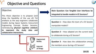 Mission Simulation Lab
HICEE
Mission Simulation Lab
HICEE
Objective and Questions
10:35 6
TUI
Augmented
Reality
Internet
of Things
Objective:
This thesis objective is to propose (and
show the feasibility of the use of) TUI
artefacts as the way engineers collaborate
models during Space Systems Concurrent
Engineering Concept Studies Sessions,
reintroducing physical cognitive artefacts
to represent the study data and
collaborative interactions.
Main Question: Can Tangible User Interfaces be
integrated to handle models in CE Sessions?
Question 1 – How does the team of a CE Session
manipulate models?
Question 2 – How adapted are the current tools
to collaborate during a CE Session?
Question 3 - How does the collaboration among
the members occur during a CE Session?
 