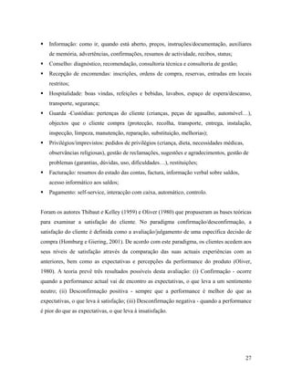 Informação: como ir, quando está aberto, preços, instruções/documentação, auxiliares
de memória, advertências, confirmações, resumos de actividade, recibos, status;
Conselho: diagnóstico, recomendação, consultoria técnica e consultoria de gestão;
Recepção de encomendas: inscrições, ordens de compra, reservas, entradas em locais
restritos;
Hospitalidade: boas vindas, refeições e bebidas, lavabos, espaço de espera/descanso,
transporte, segurança;
Guarda -Custódias: pertenças do cliente (crianças, peças de agasalho, automóvel…),
objectos que o cliente compra (protecção, recolha, transporte, entrega, instalação,
inspecção, limpeza, manutenção, reparação, substituição, melhorias);
Privilégios/imprevistos: pedidos de privilégios (criança, dieta, necessidades médicas,
observâncias religiosas), gestão de reclamações, sugestões e agradecimentos, gestão de
problemas (garantias, dúvidas, uso, dificuldades…), restituições;
Facturação: resumos do estado das contas, factura, informação verbal sobre saldos,
acesso informático aos saldos;
Pagamento: self-service, interacção com caixa, automático, controlo.

Foram os autores Thibaut e Kelley (1959) e Oliver (1980) que propuseram as bases teóricas
para examinar a satisfação do cliente. No paradigma confirmação/desconfirmação, a
satisfação do cliente é definida como a avaliação/julgamento de uma específica decisão de
compra (Homburg e Giering, 2001). De acordo com este paradigma, os clientes acedem aos
seus níveis de satisfação através da comparação das suas actuais experiências com as
anteriores, bem como as expectativas e percepções da performance do produto (Oliver,
1980). A teoria prevê três resultados possíveis desta avaliação: (i) Confirmação - ocorre
quando a performance actual vai de encontro as expectativas, o que leva a um sentimento
neutro; (ii) Desconfirmação positiva - sempre que a performance é melhor do que as
expectativas, o que leva à satisfação; (iii) Desconfirmação negativa - quando a performance
é pior do que as expectativas, o que leva à insatisfação.

27

 