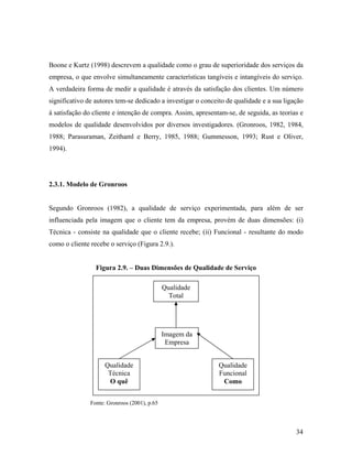 Boone e Kurtz (1998) descrevem a qualidade como o grau de superioridade dos serviços da
empresa, o que envolve simultaneamente características tangíveis e intangíveis do serviço.
A verdadeira forma de medir a qualidade é através da satisfação dos clientes. Um número
significativo de autores tem-se dedicado a investigar o conceito de qualidade e a sua ligação
à satisfação do cliente e intenção de compra. Assim, apresentam-se, de seguida, as teorias e
modelos de qualidade desenvolvidos por diversos investigadores. (Gronroos, 1982, 1984,
1988; Parasuraman, Zeithaml e Berry, 1985, 1988; Gummesson, 1993; Rust e Oliver,
1994).

2.3.1. Modelo de Gronroos

Segundo Gronroos (1982), a qualidade de serviço experimentada, para além de ser
influenciada pela imagem que o cliente tem da empresa, provém de duas dimensões: (i)
Técnica - consiste na qualidade que o cliente recebe; (ii) Funcional - resultante do modo
como o cliente recebe o serviço (Figura 2.9.).

Figura 2.9. – Duas Dimensões de Qualidade de Serviço
Qualidade
Total

Imagem da
Empresa
Qualidade
Técnica
O quê

Qualidade
Funcional
Como

Fonte: Gronroos (2001), p.65

34

 