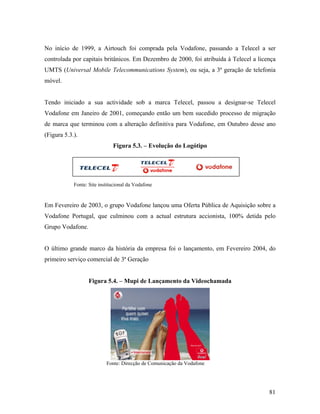 No início de 1999, a Airtouch foi comprada pela Vodafone, passando a Telecel a ser
controlada por capitais britânicos. Em Dezembro de 2000, foi atribuída à Telecel a licença
UMTS (Universal Mobile Telecommunications System), ou seja, a 3ª geração de telefonia
móvel.

Tendo iniciado a sua actividade sob a marca Telecel, passou a designar-se Telecel
Vodafone em Janeiro de 2001, começando então um bem sucedido processo de migração
de marca que terminou com a alteração definitiva para Vodafone, em Outubro desse ano
(Figura 5.3.).
Figura 5.3. – Evolução do Logótipo

Fonte: Site institucional da Vodafone

Em Fevereiro de 2003, o grupo Vodafone lançou uma Oferta Pública de Aquisição sobre a
Vodafone Portugal, que culminou com a actual estrutura accionista, 100% detida pelo
Grupo Vodafone.

O último grande marco da história da empresa foi o lançamento, em Fevereiro 2004, do
primeiro serviço comercial de 3ª Geração

Figura 5.4. – Mupi de Lançamento da Videochamada

Fonte: Direcção de Comunicação da Vodafone

81

 