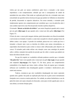 95
vitória por um golo ser menos confortável, pode levar o treinador a dar menos
importância a este comportamento, sabendo que este é consequência do estado de
ansiedade dos seus atletas. Pode ainda ser explicado pelo facto de o treinador estar mais
concentrado nas questões táctico-técnicas do jogo que podem ter influência no desenrolar
da partida, descurando os aspectos educativos. Em nosso entender, o treinador pode
simplesmente ignorar este comportamento por considerar que o uso de palavrões não é
uma conduta reprovável, mas fruto da pressão inerente à prática desportiva.
O treinador “discute as decisões do árbitro” com maior frequência quando está a vencer
por um golo (ddj,vu,pp) do que quando está a vencer por dois golos (ddj,vd,pp) (Ver
Figura 17).
O facto de estar a vencer pela margem mínima, pode desencadear um clima de ansiedade
e nervosismo no treinador, levando-o a estar mais susceptível a discutir qualquer lance do
árbitro contra a sua equipa. A pressão do resultado, parece-nos ser a razão que leva o
treinador a discutir mais vezes as decisões do árbitro, pois nestas circunstâncias, as
capacidades discriminativas para avaliar os lances estão influenciadas pelo objectivo de
vencer. O treinador pode ainda utilizar esta situação como uma estratégia de pressão
sobre o árbitro, tentando tirar partido da pressão que faz sobre o mesmo que poderá em
lances duvidosos decidir a favor.
No que diz respeito ao vocabulário utilizado podemos concluir que o treinador
“diz palavrões” mais vezes quando está a vencer por um golo (dp,vu,pp), do que quando
está empatado (dp,emp.pp) (Ver Figura 17). De facto, parece um comportamento
contraditório à luz daquilo que temos vindo a afirmar. Seria de esperar que o treinador
utilizasse um vocabulário mais desadequado quando o resultado é desfavorável, pois
estará mais ansioso.
Todavia, constata-se que este vocabulário desadequado tem maior expressão
quando está a ganhar. Isto pode ser explicado pelo facto de os golos serem normalmente
festejados com o recurso a muitos palavrões. Na verdade, na cultura futebolística o uso de
palavrões tanto serve para situações de discussão, como para revelar agrado para com os
seus atletas, ou mesmo festejar golos.
 