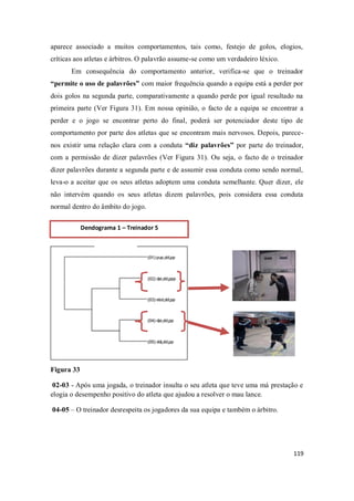 119
aparece associado a muitos comportamentos, tais como, festejo de golos, elogios,
críticas aos atletas e árbitros. O palavrão assume-se como um verdadeiro léxico.
Em consequência do comportamento anterior, verifica-se que o treinador
“permite o uso de palavrões” com maior frequência quando a equipa está a perder por
dois golos na segunda parte, comparativamente a quando perde por igual resultado na
primeira parte (Ver Figura 31). Em nossa opinião, o facto de a equipa se encontrar a
perder e o jogo se encontrar perto do final, poderá ser potenciador deste tipo de
comportamento por parte dos atletas que se encontram mais nervosos. Depois, parece-
nos existir uma relação clara com a conduta “diz palavrões” por parte do treinador,
com a permissão de dizer palavrões (Ver Figura 31). Ou seja, o facto de o treinador
dizer palavrões durante a segunda parte e de assumir essa conduta como sendo normal,
leva-o a aceitar que os seus atletas adoptem uma conduta semelhante. Quer dizer, ele
não intervém quando os seus atletas dizem palavrões, pois considera essa conduta
normal dentro do âmbito do jogo.
Figura 33
02-03 - Após uma jogada, o treinador insulta o seu atleta que teve uma má prestação e
elogia o desempenho positivo do atleta que ajudou a resolver o mau lance.
04-05 – O treinador desrespeita os jogadores da sua equipa e também o árbitro.
Dendograma 1 – Treinador 5
 