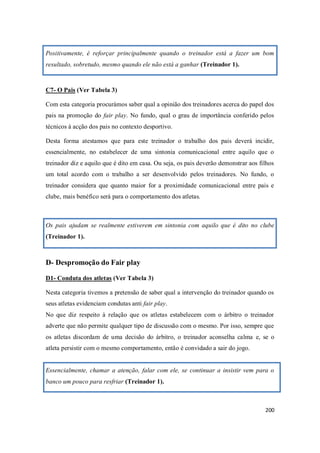 200
Positivamente, é reforçar principalmente quando o treinador está a fazer um bom
resultado, sobretudo, mesmo quando ele não está a ganhar (Treinador 1).
C7- O Pais (Ver Tabela 3)
Com esta categoria procurámos saber qual a opinião dos treinadores acerca do papel dos
pais na promoção do fair play. No fundo, qual o grau de importância conferido pelos
técnicos à acção dos pais no contexto desportivo.
Desta forma atestamos que para este treinador o trabalho dos pais deverá incidir,
essencialmente, no estabelecer de uma sintonia comunicacional entre aquilo que o
treinador diz e aquilo que é dito em casa. Ou seja, os pais deverão demonstrar aos filhos
um total acordo com o trabalho a ser desenvolvido pelos treinadores. No fundo, o
treinador considera que quanto maior for a proximidade comunicacional entre pais e
clube, mais benéfico será para o comportamento dos atletas.
Os pais ajudam se realmente estiverem em sintonia com aquilo que é dito no clube
(Treinador 1).
D- Despromoção do Fair play
D1- Conduta dos atletas (Ver Tabela 3)
Nesta categoria tivemos a pretensão de saber qual a intervenção do treinador quando os
seus atletas evidenciam condutas anti fair play.
No que diz respeito à relação que os atletas estabelecem com o árbitro o treinador
adverte que não permite qualquer tipo de discussão com o mesmo. Por isso, sempre que
os atletas discordam de uma decisão do árbitro, o treinador aconselha calma e, se o
atleta persistir com o mesmo comportamento, então é convidado a sair do jogo.
Essencialmente, chamar a atenção, falar com ele, se continuar a insistir vem para o
banco um pouco para resfriar (Treinador 1).
 