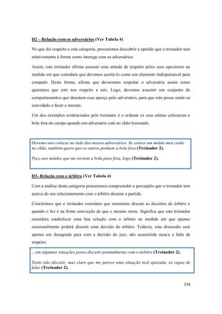 216
D2 – Relação com os adversários (Ver Tabela 4)
No que diz respeito a esta categoria, procurámos descobrir a opinião que o treinador tem
relativamente à forma como interage com os adversários.
Assim, este treinador afirma assumir uma atitude de respeito pelos seus opositores na
medida em que considera que devemos aceitá-lo como um elemento indispensável para
competir. Desta forma, afirma que deveremos respeitar o adversário assim como
queremos que este nos respeite a nós. Logo, devemos assumir um conjunto de
comportamentos que denotem esse apreço pelo adversário, para que este possa sentir-se
convidado a fazer o mesmo.
Um dos exemplos evidenciados pelo treinador é o ordenar os seus atletas colocarem a
bola fora do campo quando um adversário está no chão lesionado.
Devemo-nos colocar no lado dos nossos adversários. Se estiver um miúdo meu caído
no chão, também quero que os outros ponham a bola fora (Treinador 2).
Peço aos miúdos que me enviem a bola para fora, logo (Treinador 2).
D3- Relação com o árbitro (Ver Tabela 4)
Com a análise desta categoria procuramos compreender a percepção que o treinador tem
acerca do seu relacionamento com o árbitro durante a partida.
Concluímos que o treinador considera que raramente discute as decisões do árbitro e
quando o faz é na firme convicção de que o mesmo errou. Significa que este treinador
considera estabelecer uma boa relação com o árbitro na medida em que apenas
ocasionalmente poderá discutir uma decisão do árbitro. Todavia, esta discussão será
apenas um desagrado para com a decisão do juiz, não assumindo nunca a falta de
respeito.
…em algumas situações posso discutir pontualmente com o árbitro (Treinador 2).
Tento não discutir, mas claro que me parece uma situação mal ajuizada, só capaz de
falar (Treinador 2).
 
