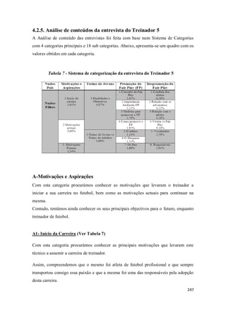 247
4.2.5. Análise de conteúdos da entrevista do Treinador 5
A Análise de conteúdo das entrevistas foi feita com base num Sistema de Categorias
com 4 categorias principais e 18 sub categorias. Abaixo, apresenta-se um quadro com os
valores obtidos em cada categoria.
Tabela 7 - Sistema de categorização da entrevista do Treinador 5
A-Motivações e Aspirações
Com esta categoria procurámos conhecer as motivações que levaram o treinador a
iniciar a sua carreira no futebol, bem como as motivações actuais para continuar na
mesma.
Contudo, tentámos ainda conhecer os seus principais objectivos para o futuro, enquanto
treinador de futebol.
A1- Início da Carreira (Ver Tabela 7)
Com esta categoria procurámos conhecer as principais motivações que levaram este
técnico a assumir a carreira de treinador.
Assim, compreendemos que o mesmo foi atleta de futebol profissional e que sempre
transportou consigo essa paixão e que a mesma foi uma das responsáveis pela adopção
desta carreira.
 