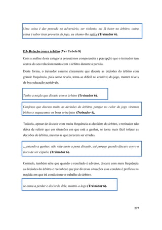 277
Uma coisa é dar porrada no adversário, ser violento, sei lá bater no árbitro, outra
coisa é saber tirar proveito do jogo, eu chamo-lhe ratice (Treinador 6).
D3- Relação com o árbitro (Ver Tabela 8)
Com a análise desta categoria procurámos compreender a percepção que o treinador tem
acerca do seu relacionamento com o árbitro durante a partida.
Desta forma, o treinador assume claramente que discute as decisões do árbitro com
grande frequência, pois como revela, torna-se difícil no contexto do jogo, manter níveis
de boa educação aceitáveis.
Tenho a noção que discuto com o árbitro (Treinador 6).
Confesso que discuto muito as decisões do árbitro, porque no calor do jogo viramos
bichos e esquecemos os bons princípios (Treinador 6).
Todavia, apesar de discutir com muita frequência as decisões do árbitro, o treinador não
deixa de referir que em situações em que está a ganhar, se torna mais fácil tolerar as
decisões do árbitro, mesmo as que parecem ser erradas.
…estando a ganhar, não vale tanto a pena discutir, até porque quando discuto corro o
risco de ser expulso (Treinador 6).
Contudo, também sabe que quando o resultado é adverso, discute com mais frequência
as decisões do árbitro e reconhece que por diversas situações essa conduta é profícua na
medida em que irá condicionar o trabalho do árbitro.
se estou a perder e discordo dele, mostro-o logo (Treinador 6).
 