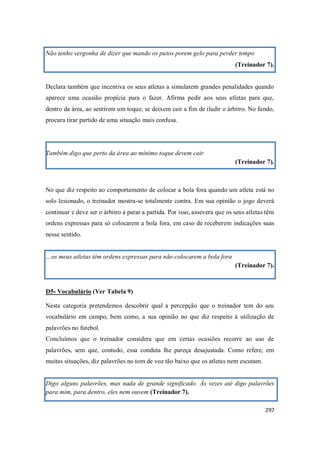 297
Não tenho vergonha de dizer que mando os putos porem gelo para perder tempo
(Treinador 7).
Declara também que incentiva os seus atletas a simularem grandes penalidades quando
aparece uma ocasião propícia para o fazer. Afirma pedir aos seus atletas para que,
dentro da área, ao sentirem um toque, se deixem cair a fim de iludir o árbitro. No fundo,
procura tirar partido de uma situação mais confusa.
Também digo que perto da área ao mínimo toque devem cair
(Treinador 7).
No que diz respeito ao comportamento de colocar a bola fora quando um atleta está no
solo lesionado, o treinador mostra-se totalmente contra. Em sua opinião o jogo deverá
continuar e deve ser o árbitro a parar a partida. Por isso, assevera que os seus atletas têm
ordens expressas para só colocarem a bola fora, em caso de receberem indicações suas
nesse sentido.
…os meus atletas têm ordens expressas para não colocarem a bola fora
(Treinador 7).
D5- Vocabulário (Ver Tabela 9)
Nesta categoria pretendemos descobrir qual a percepção que o treinador tem do seu
vocabulário em campo, bem como, a sua opinião no que diz respeito à utilização de
palavrões no futebol.
Concluímos que o treinador considera que em certas ocasiões recorre ao uso de
palavrões, sem que, contudo, essa conduta lhe pareça desajustada. Como refere, em
muitas situações, diz palavrões no tom de voz tão baixo que os atletas nem escutam.
Digo alguns palavrões, mas nada de grande significado. Às vezes até digo palavrões
para mim, para dentro, eles nem ouvem (Treinador 7).
 