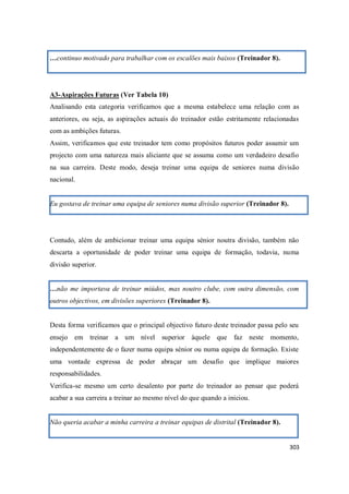 303
…continuo motivado para trabalhar com os escalões mais baixos (Treinador 8).
A3-Aspirações Futuras (Ver Tabela 10)
Analisando esta categoria verificamos que a mesma estabelece uma relação com as
anteriores, ou seja, as aspirações actuais do treinador estão estritamente relacionadas
com as ambições futuras.
Assim, verificamos que este treinador tem como propósitos futuros poder assumir um
projecto com uma natureza mais aliciante que se assuma como um verdadeiro desafio
na sua carreira. Deste modo, deseja treinar uma equipa de seniores numa divisão
nacional.
Eu gostava de treinar uma equipa de seniores numa divisão superior (Treinador 8).
Contudo, além de ambicionar treinar uma equipa sénior noutra divisão, também não
descarta a oportunidade de poder treinar uma equipa de formação, todavia, numa
divisão superior.
…não me importava de treinar miúdos, mas noutro clube, com outra dimensão, com
outros objectivos, em divisões superiores (Treinador 8).
Desta forma verificamos que o principal objectivo futuro deste treinador passa pelo seu
ensejo em treinar a um nível superior àquele que faz neste momento,
independentemente de o fazer numa equipa sénior ou numa equipa de formação. Existe
uma vontade expressa de poder abraçar um desafio que implique maiores
responsabilidades.
Verifica-se mesmo um certo desalento por parte do treinador ao pensar que poderá
acabar a sua carreira a treinar ao mesmo nível do que quando a iniciou.
Não queria acabar a minha carreira a treinar equipas de distrital (Treinador 8).
 