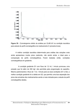 Resultados e Discussão




Figura 35 - Cromatograma obtido da análise por CLAE-UV na condição isocrática
para estudo do perfil cromatográfico do medicamento C (amostra bruta).



      A melhor condição isocrática determinada para análise das soluções orais
ainda apresentava muitos picos coeluindo, não sendo ainda, a ideal para a
comparação     de   perfis   cromatográficos.    Foram     testadas    então,   condições
cromatográficas em gradiente.


          A condição gradiente G1 com fluxo de 1,2 mL / minuto promoveu uma
pressão que foi além de 250 kgf, não permitida pela programação do aparelho.
Mesmo padronizando o fluxo de 1 mL / minuto para as duas condições (G1 e G2), a
melhor condição gradiente foi a obtida em G2, que permitiu uma boa separação dos
picos das amostras dos medicamentos sendo a mais indicada para o estudo de perfil
cromatográfico destes.




  Desenvolvimento e Validação de Metodologias para Determinação de Furanocumarinas em    84
                               Medicamentos Fitoterápicos.
 