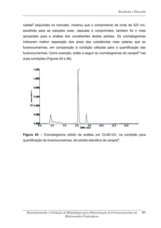 Resultados e Discussão



cadelax adquiridas no mercado, mostrou que o comprimento de onda de 223 nm,
escolhido para as soluções orais, cápsulas e comprimidos, também foi o mais
apropriado para a análise dos constituintes destas plantas. Os cromatogramas
indicaram melhor separação dos picos das substâncias mais polares que as
furanocumarinas, em comparação à condição utilizada para a quantificação das
furanocumarinas. Como exemplo, estão a seguir os cromatogramas de carapiáx nas
duas condições (Figuras 45 e 46).




Figura 45 – Cromatograma obtido da análise por CLAE-UV, na condição para
quantificação de furanocumarinas, de extrato etanólico de carapiá x.




  Desenvolvimento e Validação de Metodologias para Determinação de Furanocumarinas em    91
                               Medicamentos Fitoterápicos.
 