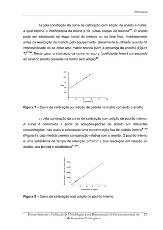 Introdução



           b) pela construção da curva de calibração com adição do analito à matriz,
a qual elimina a interferência da matriz e de outras etapas do método 94. O analito
pode ser adicionado na etapa inicial do método ou na fase final, imediatamente
antes da realização da medida pelo equipamento. Geralmente é utilizada quando há
impossibilidade de se obter uma matriz branca (sem a presença do analito) (Figura
7)81,94. Neste caso, o intercepto da curva no eixo y (coeficiente linear) corresponde
ao sinal do analito presente na matriz sem adição81.




Figura 7 – Curva de calibração por adição de padrão na matriz contendo o analito


           c) pela construção da curva de calibração com adição de padrão interno.
A curva é construída a partir de soluções-padrão de analito em diferentes
concentrações, nas quais é adicionada uma concentração fixa de padrão interno 81,94
(Figura 8), cuja medida permite comparação relativa com o analito. O padrão interno
é uma substância de tempo de retenção próximo e boa resolução em relação ao
analito, alta pureza e estabilidade81,94.




Figura 8 – Curva de calibração com adição de padrão interno.




   Desenvolvimento e Validação de Metodologias para Determinação de Furanocumarinas em   25
                                Medicamentos Fitoterápicos.
 