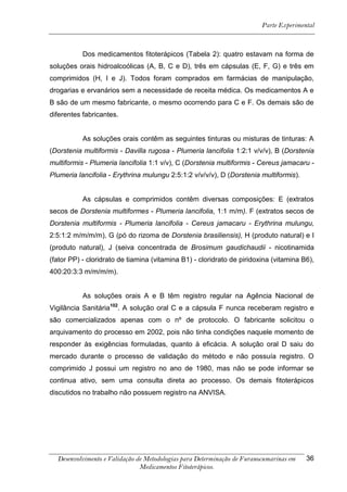 Parte Experimental



           Dos medicamentos fitoterápicos (Tabela 2): quatro estavam na forma de
soluções orais hidroalcoólicas (A, B, C e D), três em cápsulas (E, F, G) e três em
comprimidos (H, I e J). Todos foram comprados em farmácias de manipulação,
drogarias e ervanários sem a necessidade de receita médica. Os medicamentos A e
B são de um mesmo fabricante, o mesmo ocorrendo para C e F. Os demais são de
diferentes fabricantes.


           As soluções orais contêm as seguintes tinturas ou misturas de tinturas: A
(Dorstenia multiformis - Davilla rugosa - Plumeria lancifolia 1:2:1 v/v/v), B (Dorstenia
multiformis - Plumeria lancifolia 1:1 v/v), C (Dorstenia multiformis - Cereus jamacaru -
Plumeria lancifolia - Erythrina mulungu 2:5:1:2 v/v/v/v), D (Dorstenia multiformis).


           As cápsulas e comprimidos contêm diversas composições: E (extratos
secos de Dorstenia multiformes - Plumeria lancifolia, 1:1 m/m). F (extratos secos de
Dorstenia multiformis - Plumeria lancifolia - Cereus jamacaru - Erythrina mulungu,
2:5:1:2 m/m/m/m), G (pó do rizoma de Dorstenia brasiliensis), H (produto natural) e I
(produto natural), J (seiva concentrada de Brosimum gaudichaudii - nicotinamida
(fator PP) - cloridrato de tiamina (vitamina B1) - cloridrato de piridoxina (vitamina B6),
400:20:3:3 m/m/m/m).


           As soluções orais A e B têm registro regular na Agência Nacional de
Vigilância Sanitária102. A solução oral C e a cápsula F nunca receberam registro e
são comercializados apenas com o nº de protocolo. O fabricante solicitou o
arquivamento do processo em 2002, pois não tinha condições naquele momento de
responder às exigências formuladas, quanto à eficácia. A solução oral D saiu do
mercado durante o processo de validação do método e não possuía registro. O
comprimido J possui um registro no ano de 1980, mas não se pode informar se
continua ativo, sem uma consulta direta ao processo. Os demais fitoterápicos
discutidos no trabalho não possuem registro na ANVISA.




  Desenvolvimento e Validação de Metodologias para Determinação de Furanocumarinas em   36
                               Medicamentos Fitoterápicos.
 