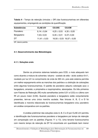 Resultados e Discussão




Tabela 4 - Tempo de retenção (minutos  DP) das furanocumarinas em diferentes
equipamentos, empregando as condições de quantificação.

Substâncias                CLAE-UV            CG-DIC         CG-EM
Psoraleno                  6,14  0,04        4,25  0,03    4,30  0,05
Bergapteno                 7,43 0,03         6,35  0,01    6,37 0,04
DT                         11,41  0,03       16,55  0,03 16,57  0,05
DP, desvio padrão.




4.1. Desenvolvimento das Metodologias




4.1.1. Soluções orais




            Dentre os primeiros sistemas testados para CCD, o mais adequado tem
como eluente a mistura de solventes: tolueno - acetato de etila - ácido acético 6:4:1,
revelado por luz UV no comprimento de onda de 365 nm, pois este sistema permitia
um melhor espaçamento entre as manchas dos padrões e a distinção de colorações
entre algumas furanocumarinas. O padrão de psoraleno adquiriu coloração azul; o
bergapteno, amarela; a pimpinelina e isopimpinelina, alaranjadas. Os três primeiros
com Fatores de Retenção (Rf) muito semelhantes (entre 0,51 e 0,53) e o último com
Rf um pouco maior (0,58). Quando psoraleno e bergapteno estão conjuntamente
presentes, tem-se uma única mancha azulada. Nas tinturas A, B, C e D foi
identificada a mancha relacionada às furanocumarinas bergapteno e/ou psoraleno
em análise comparativa com os padrões.


            A análise preliminar das soluções orais A, B, C e D por CLAE-UV permitiu
a identificação das furanocumarinas psoraleno e bergapteno por tempo de retenção
em comparação com os padrões (Figuras 11 a 13). Uma terceira furanocumarina
com mesmo tempo de retenção da DT foi encontrada em quantidade bem menor

  Desenvolvimento e Validação de Metodologias para Determinação de Furanocumarinas em    51
                               Medicamentos Fitoterápicos.
 
