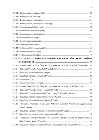 x


IV.2.14 - Biotita gnaisses bandados (bgb) ........................................................................................ 61
IV.2.15 - Biotita gnaisses finos (bgf) ............................................................................................... 61
IV.2.16 - Biotita gnaisses e xistos (bx) ............................................................................................ 62
IV.2.17 - Biotita gnaisses granitóides e xistos (bgx) ........................................................................ 62
IV.2.18 - Granitóides porfiróides (ygp) ............................................................................................ 63
IV.2.19 - Granitóides a duas micas (ydm) ........................................................................................ 64
IV.2.20 - Granitóides migmatíticos (ymp) ....................................................................................... 65
IV.2.21 - Granitóides foliados (grf) .................................................................................................. 66
IV.2.22 - Granitos equigranulares (gre) ........................................................................................... 66
IV.2.23 - Metaconglomerados (cm) ................................................................................................. 67
IV.2.24 - Sedimentos flúvio-lacustres (sfl) ...................................................................................... 68
IV.2.25 - Sedimentos fluviais (agar) ................................................................................................ 68
IV.2.26 - Sedimentos marinhos (qm) ............................................................................................... 69
IV.3 - O MAPA DE UNIDADES GEOPEDOLÓGICAS DA REGIÃO DO ALTO-MÉDIO
            PARAÍBA DO SUL .......................................................................................................... 70
IV.3.1 - UNIDADES GEOPEDOLÓGICAS COM REGIME DE UMIDADE PERÚDICO (pr) ... 70
IV.3.1.1 - Latossolo Vermelho Amarelo (LVapr1; LVapr2) ........................................................... 70
IV.3.1.2 - Podzólico Vermelho Escuro (PVepr) ............................................................................... 72
IV.3.1.3 - Podzólico Vermelho Amarelo (PVapr) ............................................................................ 72
IV.3.1.4 - Cambissolo (Cpr) ............................................................................................................. 72
IV.3.1.5 - Cambissolo Húmico (CHpr) ............................................................................................ 72
IV.3.2 - UNIDADES GEOPEDOLÓGICAS COM REGIME DE UMIDADE ÚDICO (ud) ......... 72
IV.3.2.1 - Latossolo Vermelho Escuro (LVeud1; LVeud2) ............................................................. 73
IV.3.2.2 - Latossolo Vermelho Amarelo (LVaud1; LVaud2; LVaud3; LVaud4) ............................ 73
IV.3.2.3 - Podzólico Vermelho Escuro latossolizado (PVelud) ....................................................... 74
IV.3.2.4 - Podzólico Vermelho Escuro (PVeud1; PVeud2) ............................................................. 74
IV.3.2.5 - Podzólico Vermelho Escuro com Podzólico Vermelho Amarelo em regime ústico
            [PVeud(PVaus)] ................................................................................................................. 75
IV.3.2.6 - Podzólico Vermelho Amarelo a Vermelho Escuro (PVa/eud) ........................................ 75
IV.3.2.7 - Podzólico Vermelho Amarelo latossolizado (PValud) .................................................... 76
IV.3.2.8 - Podzólico Vermelho Amarelo com Latossolo Vermelho Escuro em regimes ústico e
            údico [PVaud(LVeus; LVeus/ud)] ..................................................................................... 76
IV.3.2.9 - Podzólico Vermelho Amarelo (PVaud1; PVaud2; PVaud3; PVaud4; PVaud) ............... 77
 
