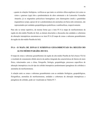 88


  - quanto às relações litológicas, verificou-se que tanto os ectinitos síltico-argilosos (re) como os
    xistos e gnaisses (xgn) têm a predominância de altos estruturais e de Latossolos Vermelho
    Amarelo; já os migmatitos policíclicos homogêneos com charnoquitos (mch) e granitóides
    migmatíticos (ymp), apesar de ter a predominância de anomalias em baixo-alto estruturais, são
    representados por unidades geopedológicas podzólicas e cambissólicas, respectivamente.

Para não se tornar repetitivo, da mesma forma que o item IV.4 (o mapa de morfoestruturas da
região do alto-médio Paraíba do Sul), as demais descrições e discussões das unidades e coberturas
de alteração intempéricas encontram-se no item IV.6 (O mapa de zonas e subzonas geoambientais
da região do alto-médio Paraíba do Sul).



IV.6 - O MAPA DE ZONAS E SUBZONAS GEOAMBIENTAIS DA REGIÃO DO
        ALTO-MÉDIO PARAÍBA DO SUL

O mapa de zonas e subzonas geoambientais da região do alto-médio Paraíba do Sul (Anexo VI) foi
o resultado do zoneamento obtido através da análise integrada das características de fatores do meio
físico, relacionados com o clima, fisiografia, litologia, geopedologia, processos específicos de
alteração intempérica e/ou do tipo de colóide intempérico predominante (paragênese de colóides) e
anomalias de morfoestruturas.

A relação entre as zonas e subzonas geoambientais com as unidades litológicas, geopedológicas,
fisiográficas, anomalias de morfoestruturas, unidades e coberturas de alteração intempéricas e
paragênese de colóides, pode ser visualizada na Tabela IV.7.
 