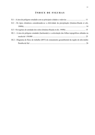 xv


                                           ÍNDICE DE FIGURAS


II.1 - A área do polígono estudado com as principais cidades e rodovias ....................................... 11
II.2 - Os tipos climáticos considerando-se a efetividade da precipitação (Jiménez-Rueda et alii,
          1989b) ................................................................................................................................. 14
II.3 - Os regimes de umidade dos solos (Jiménez-Rueda et alii, 1989b) ......................................... 15
III.1 - A área do polígono estudado (hachurado) e a articulação das folhas topográficas editadas na
          escala de 1:50.000 .............................................................................................................. 25
III.2 - Diagrama de fluxo de trabalho (DFT) do zoneamento geoambiental da região do alto-médio
          Paraíba do Sul ..................................................................................................................... 26
 