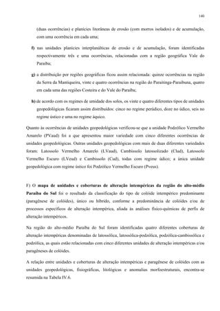 140


     (duas ocorrências) e planícies litorâneas de erosão (com morros isolados) e de acumulação,
     com uma ocorrência em cada uma;

  f) nas unidades planícies interplanálticas de erosão e de acumulação, foram identificadas
     respectivamente três e uma ocorrências, relacionadas com a região geográfica Vale do
     Paraíba;

  g) a distribuição por regiões geográficas ficou assim relacionada: quinze ocorrências na região
     da Serra da Mantiqueira, vinte e quatro ocorrências na região do Paraitinga-Paraibuna, quatro
     em cada uma das regiões Costeira e do Vale do Paraíba;

  h) de acordo com os regimes de umidade dos solos, os vinte e quatro diferentes tipos de unidades
     geopedológicas ficaram assim distribuídos: cinco no regime perúdico, doze no údico, seis no
     regime ústico e uma no regime áquico.

Quanto às ocorrências de unidades geopedológicas verificou-se que a unidade Podzólico Vermelho
Amarelo (PVaud) foi a que apresentou maior variedade com cinco diferentes ocorrências de
unidades geopedológicas. Outras unidades geopedológicas com mais de duas diferentes variedades
foram: Latossolo Vermelho Amarelo (LVaud), Cambissolo latossolizado (Clud), Latossolo
Vermelho Escuro (LVeud) e Cambissolo (Cud), todas com regime údico; a única unidade
geopedológica com regime ústico foi Podzólico Vermelho Escuro (Pveus).



F) O mapa de unidades e coberturas de alteração intempéricas da região do alto-médio
Paraíba do Sul foi o resultado da classificação do tipo de colóide intempérico predominante
(paragênese de colóides), único ou híbrido, conforme a predominância de colóides e/ou de
processos específicos de alteração intempérica, aliada às análises físico-químicas de perfis de
alteração intempéricos.

Na região do alto-médio Paraíba do Sul foram identificadas quatro diferentes coberturas de
alteração intempéricas denominadas de latossólica, latossólica-podzólica, podzólica-cambissólica e
podzólica, as quais estão relacionadas com cinco diferentes unidades de alteração intempéricas e/ou
paragêneses de colóides.

A relação entre unidades e coberturas de alteração intempéricas e paragênese de colóides com as
unidades geopedológicas, fisiográficas, litológicas e anomalias morfoestruturais, encontra-se
resumida na Tabela IV.6.
 