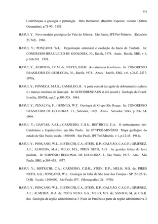 154


     Contribuição à geologia e petrologia. Belo Horizonte, (Boletim Especial, volume Djalma
     Guimarães), p.71-93. 1985.

HASUI, Y. Novo modelo geológico do Vale do Ribeira. São Paulo, IPT/Pró-Minério. (Relatório
     23.742). 1986.

HASUI, Y.; PONÇANO, W.L. Organização estrutural e evolução da bacia de Taubaté. In:
     CONGRESSO BRASILEIRO DE GEOLOGIA, 30., Recife, 1978. Anais. Recife, SBG, v.1,
     p.368-381. 1978.

HASUI, Y.; ALMEIDA, F.F.M. de; NEVES, B.B.B. As estruturas brasilianas. In: CONGRESSO
     BRASILEIRO DE GEOLOGIA, 30., Recife, 1978. Anais. Recife, SBG, v.6, p.2423-2437.
     1978a.

HASUI, Y.; FONSECA, M.J.G.; RAMALHO, R. A parte central da região de dobramentos sudeste
     e o maciço mediano de Guaxupé. In: SCHOBBENHAUS et alii (coord.) Geologia do Brasil.
     Brasília, DNPM, cap.7, p.307-328. 1984.

HASUI, Y.; PENALVA, F.; HENNIES, W.T. Geologia do Grupo São Roque. In: CONGRESSO
     BRASILEIRO DE GEOLOGIA, 23., Salvador, 1969. Anais. Salvador, SBG, p.101-134.
     1969.

HASUI, Y.; DANTAS, A.S.L.; CARNEIRO, C.D.R.; BISTRICHI, C.A. O embasamento pré-
     Cambriano e Eopaleozóico em São Paulo. In: IPT/PRÓ-MINÉRIO Mapa geológico do
     estado de São Paulo; escala 1:500.000. São Paulo, IPT/Pró-Minério, v.1, p.12-45. 1981a.

HASUI, Y.; PONÇANO, W.L.; BISTRICHI, C.A.; STEIN, D.P.; GALVÃO, C.A.C.F.; GIMENEZ,
     A.F.; ALMEIDA, M.A.; MELO, M.S.; PIRES NETO, A.G. As grandes falhas do leste
     paulista. In: SIMPÓSIO REGIONAL DE GEOLOGIA, 1., São Paulo, 1977. Atas. São
     Paulo, SBG, p.369-438. 1977.

HASUI, Y.; BISTRICHI, C.A.; CARNEIRO, C.D.R.; STEIN, D.P.; MELO, M.S. de; PIRES
     NETO, A.G.; PONÇANO, W.L. Geologia da folha de São José dos Campos - SP (SF.23-Y-
     D-II). Escala 1:100.000. São Paulo, IPT. (Monografias, 2). 1978b.

HASUI, Y.; PONÇANO, W.L.; BISTRICHI, C.A.; STEIN, D.P.; GALVÃO. C.A.C.F.; GIMENEZ,
     A.F.; ALMEIDA, M.A. de; PIRES NETO, A.G.; MELO, M.S. de; SANTOS, M. do C.S.R.
     dos Geologia da região administrativa 3 (Vale do Paraíba) e parte da região administrativa 2
 
