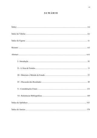vii


                                                                SUMÁRIO




Índice ............................................................................................................................................... viii


Índice de Tabelas ............................................................................................................................. xiv


Índice de Figuras .............................................................................................................................. xv


Resumo ............................................................................................................................................ xvi


Abstract .......................................................................................................................................... xvii


           I - Introdução ........................................................................................................................ 01


           II - A Área de Estudos........................................................................................................... 11


           III - Materiais e Método de Estudo ...................................................................................... 23


           IV - Discussão dos Resultados ............................................................................................. 49


           V - Considerações Finais .................................................................................................... 131


           VI - Referências Bibliográficas .......................................................................................... 149


Índice de Apêndices ....................................................................................................................... 163


Índice de Anexos ............................................................................................................................ 178
 