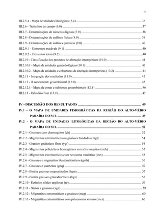 ix


III.2.5.4 - Mapa de unidades litológicas (5.4) .................................................................................. 36
III.2.6 - Trabalhos de campo (6.0) .................................................................................................... 37
III.2.7 - Determinações de números digitais (7.0) ............................................................................ 38
III.2.8 - Determinações de análises físicas (8.0) .............................................................................. 39
III.2.9 - Determinações de análises químicas (9.0) .......................................................................... 40
III.2.9.1 - Elementos trocáveis (9.1) ................................................................................................. 40
III.2.9.2 - Elementos totais (9.2) ....................................................................................................... 40
III.2.10 - Classificação dos produtos de alteração intempéricos (10.0) ........................................... 41
III.2.10.1 - Mapa de unidades geopedológicas (10.1) ...................................................................... 43
III.2.10.2 - Mapa de unidades e coberturas de alteração intempéricas (10.2) .................................. 44
III.2.11 - Integração dos resultados (11.0) ....................................................................................... 45
III.2.12 - O zoneamento geoambiental (12.0) .................................................................................. 45
III.2.12.1 - Mapa de zonas e subzonas geoambientais (12.1) ........................................................... 46
III.2.13 - Relatório final (13.0) ......................................................................................................... 47


IV - DISCUSSÃO DOS RESULTADOS .......................................................................... 49
IV.1 - O MAPA DE UNIDADES FISIOGRÁFICAS DA REGIÃO DO ALTO-MÉDIO
            PARAÍBA DO SUL .......................................................................................................... 49
IV.2 - O MAPA DE UNIDADES LITOLÓGICAS DA REGIÃO DO ALTO-MÉDIO
            PARAÍBA DO SUL .......................................................................................................... 52
IV.2.1 - Gnaisses com charnoquitos (ch) ......................................................................................... 52
IV.2.2 - Migmatitos estromatíticos ou gnaisses bandados (mgb) .................................................... 54
IV.2.3 - Granitos gnáissicos finos (ygf) ........................................................................................... 54
IV.2.4 - Migmatitos policíclicos homogêneos com charnoquitos (mch) ......................................... 55
IV.2.5 - Migmatitos estromatíticos com neossoma tonalítico (met) ................................................ 55
IV.2.6 - Gnaisses e migmatitos blastomiloníticos (gmb) ................................................................. 56
IV.2.7 - Gnaisses e quartzitos (gnq) ................................................................................................. 57
IV.2.8 - Biotita gnaisses migmatizados (bgm) ................................................................................. 57
IV.2.9 - Biotita gnaisses granodioríticos (bgn) ................................................................................ 58
IV.2.10 - Ectinitos síltico-argilosas (re) ........................................................................................... 59
IV.2.11 - Xistos e gnaisses (xgn) ...................................................................................................... 59
IV.2.12 - Migmatitos estromatíticos e gnaisses (meg) ..................................................................... 60
IV.2.13 - Migmatitos estromatíticos com paleossoma xistoso (mex) .............................................. 60
 