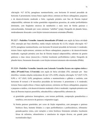 76


silte/argila >0,7 (0,76); paragênese montmorilonita; com horizonte B textural precedido de
horizonte A proeminente; textura franco argilo-siltoso; estrutura em blocos subangulares, pequenos
e de desenvolvimento moderado a forte; vegetação primária com fase de floresta tropical
subperenifólia; substrato de rochas granitóides migmatíticas grosseiras, de caráter porfiroblástico
dominante, com freqüentes encraves de metabasitos e mais raros de biotita gnaisses e
calcossilicatadas, formando por vezes estruturas “schöllen” (ymp); fisiografia de planalto baixo,
moderadamente dissecado e com feições texturais/estruturais orientadas (Pbmdo).



IV.3.2.7 - Podzólico Vermelho Amarelo latossolizado (PValud) com argila de baixa atividade
(Tb); saturação por base distrófica; média relação molecular Ki (3,15); relação silte/argila <0,7
(0,35); paragênese montmorilonita; com horizonte B textural precedido de horizonte A moderado;
textura franco argilo-arenoso; estrutura em blocos subangulares, pequenos e de desenvolvimento
moderado; vegetação primária com fase de floresta tropical subperenifólia; substrato de granito
gnáissico a duas micas (moscovita e biotita) localmente porfiroblástico (ydm); fisiografia de
planalto baixo, fracamente dissecado e com feições texturais/estruturais não-orientadas (Pbfdn).



IV.3.2.8 - Podzólico Vermelho Amarelo com Latossolo Vermelho Escuro em regimes ústico e
údico [PVaud(LVeus; LVeus/ud)] com argila de baixa atividade (Tb); saturação por                 base
distrófica; variadas relações moleculares Ki (de 3,29 a 0,99); relações silte/argila >0,7 (0,87; 0,70;
0,99) e <0,7 (0,65; 0,49); paragêneses caulinita a montmorilonita e gibbsita a caulinita; com
horizontes B textural e B latossólico precedidos de horizontes A proeminente e A moderado;
texturas franco argilo-siltoso e franco argilo-arenoso; estruturas em blocos subangulares, pequenos
e pequenos a médios, e de desenvolvimentos moderado a forte e moderado; vegetação primária com
fases de florestas tropicais perenifólia, subcaducifólia e subperenifólia; substratos de:

   a) granitóides gnáissicos heterogêneos, com textura porfiróide, composição granodiorítica a
      tonalítica, com encraves de gnaisses e migmatitos (ygp);

   b) biotita gnaisses granitóides, por vezes de feição migmatítica, com passagens a gnaisses
      biotíticos finos, bastante foliados e a tipos porfiroblásticos e porfiroclásticos, sillimanita-
      granada-quartzo xistos, com variações a xistos biotíticos fortemente estirados; localmente
      faixas de milonitos, ultramilonitos e cataclasitos de origem diversa, em grande parte
      recristalizados (bgx).
 