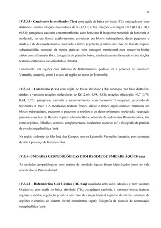81


IV.3.3.5 - Cambissolo latossolizado (Clus) com argila de baixa atividade (Tb); saturação por base
distrófica; médias relações moleculares de Ki (2,81; 4,74); relações silte/argila >0,7 (0,83) e <0,7
(0,58); paragênese caulinita a montmorilonita; com horizonte B incipiente precedido de horizonte A
moderado; textura franco argilo-arenoso; estruturas em blocos subangulares, desde pequenos a
médios e de desenvolvimentos moderado a forte; vegetação primária com fase de floresta tropical
subcaducifólia; substrato de biotita gnaisses com passagem transicional para moscovita-biotita
xistos com sillimanita (bx); fisiografia de planalto baixo, moderadamente dissecado e com feições
texturais/estruturais não-orientadas (Pbmdn).

Localmente, em regiões com sistemas de fraturamentos, pode-se ter a presença de Podzólico
Vermelho Amarelo, como é o caso da região ao norte de Tremembé.



IV.3.3.6 - Cambissolo (Cus) com argila de baixa atividade (Tb); saturação por base distrófica;
médias e variáveis relações moleculares de Ki (2,69; 6,98; 4,42); relações silte/argila >0,7 (0,76;
0,74; 0,76); paragênese caulinita a montmorilonita; com horizonte B incipiente precedido de
horizontes A fraco e A moderado; texturas franco siltoso e franco argilo-arenoso; estruturas em
blocos subangulares, pequenos e pequenos a médios e de desenvolvimento moderado; vegetação
primária com fase de floresta tropical subcaducifólia; substrato de sedimentos flúvio-lacustres, tais
como argilitos, folhelhos, arenitos, conglomerados, localmente calcários (sfl); fisiografia de planície
de erosão interplanáltica (pei).

Na região sudoeste de São José dos Campos tem-se Latossolo Vermelho Amarelo, possivelmente
devido à presença de fraturamentos.



IV.3.4 - UNIDADES GEOPEDOLÓGICAS COM REGIME DE UMIDADE ÁQUICO (aq)

As unidades geopedológicas com regime de umidade áquico foram identificados junto ao vale
recente do rio Paraíba do Sul.



IV.3.4.1 - Hidromórfico Glei Húmico (HGHaq) associado com solos Aluviais e com volumes
Orgânicos; com argila de baixa atividade (Tb); paragênese caulinita a montmorilonita; texturas
argilosa e média; vegetação primária com fase de campo tropical higrófilo de várzea; substrato de
argilitos e arenitos do sistema fluvial meandrante (agar); fisiografia de planície de acumulação
interplanáltica (pai).
 
