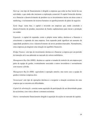 14
Start-up: este tipo de financiamento é dirigido a empresas que estão na fase inicial da sua
actividade, e que ainda não iniciaram a exploração comercial. O capital fornecido destina-
se a financiar o desenvolvimento de produtos ou os investimentos inicias em áreas como o
marketing, o recrutamento de recursos humanos ou aperfeiçoamento do plano de negócios.
Early Stage: nesta fase, o capital é investido em empresas que, tendo concluído o
desenvolvimento do produto, necessitam de fundos suplementares para iniciar a produção
ou vendas.
Expansão: o capital de expansão, como o próprio nome indica, destina-se a financiar o
crescimento e expansão de uma empresa. Esta expansão pode significar um aumento da
capacidade produtiva e/ou o desenvolvimento de novos produtos/mercados. Normalmente,
estas empresas já atingiram uma situação de equilíbrio financeiro.
Bridge Finance: este tipo de investimento destina-se a financiar a empresa por um período
de transição até á sua admissão no mercado de valores mobiliários.
Management Buy-Out (MBO): destina-se a apoiar a tomada de controlo de um empresa por
parte da equipa de gestão, eventualmente associada a outros investidores e normalmente
com recurso a dívida.
Management Buy-In (MBI): equivalente á operação anterior, mas neste caso a equipa de
gestão é externa á empresa alvo.
Turnaround: este tipo de operações destina-se a recuperar a situação económica de uma
empresa que se encontra em dificuldades.
Capital de substituição: consiste numa aquisição da participação de um determinado grupo
de accionistas, com vista a alterar a estrutura societária.
Outros: normalmente financiamento dirigido á aquisição de acções no mercado de capitais.
 