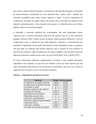 34
que reforça a ideia da falta de liquidez e de alternativas do mercado português no momento
do desinvestimento, constituindo um risco adicional face a países onde a liquidez dos
mercados secundários para títulos destas empresas é maior. A pouca importância da
evolução dos mercados de capitais indica isso mesmo, pois o investidor de capital de risco
desconta automaticamente a fraca liquidez dos mesmos e a reduzida procura por ofertas
públicas inicias no mercado português.
A dimensão e horizonte temporal dos investimentos têm uma importância menos
expressiva que os factores discutidos acima pois são aspectos que em si não transmitem
qualquer indicação sobre o futuro sucesso da aposta, embora possam influenciar o nível de
compromisso a que as capitais de risco estão dispostas a suportar e a diversificação dos
portfolios. O optimismo das previsões não parece ter tanta importância como se esperaria,
mas que pode ser explicado pela análise financeira que as capitais de risco utilizam no
processo de avaliação e pelas elevadas taxas de retorno exigidas e que permitem descontar
algum do optimismo contido nas previsões, tal como afirma Reid, Terry e Smith (1997).
Os riscos relacionados alterações regulamentares ou fiscais e risco cambial apresentam
importância mais reduzida, ao qual não será estranho o facto de serem factores que não
estão relacionados directamente com um projecto em particular, mas sim com o sector do
capital de risco em geral ou com a envolvente económica.
Tabela 6 – Importância dos factores de risco.
Factores Média Desvio padrão
Competência da equipa de gestão 4,625 0,518
Compromisso da equipa de gestão 4,625 0,518
Facilidade na saída 4 0,535
Posição competitiva da empresa 4 0,756
Evolução do mercado 3,875 0,641
Dimensão do investimento 3,125 0,641
Optimismo das previsões 3 0,756
Alterações regulamentares 3 0,756
Horizonte temporal da participação 3 1,069
Alterações fiscais 2,875 0,835
Alterações cambiais 2,625 0,518
Evolução do mercado de capitais 2,25 0,463
 